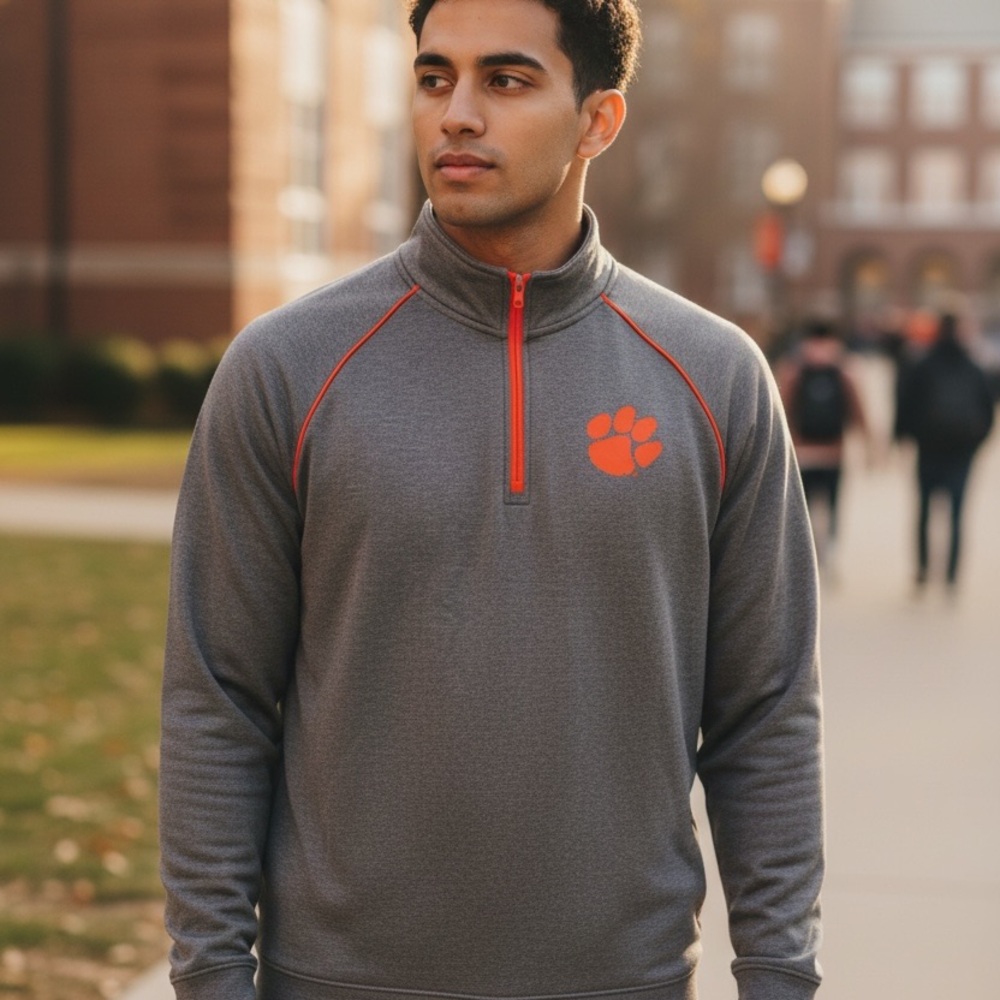 Men's Gray Quarter-Zip Pullover with Orange Paw Accent